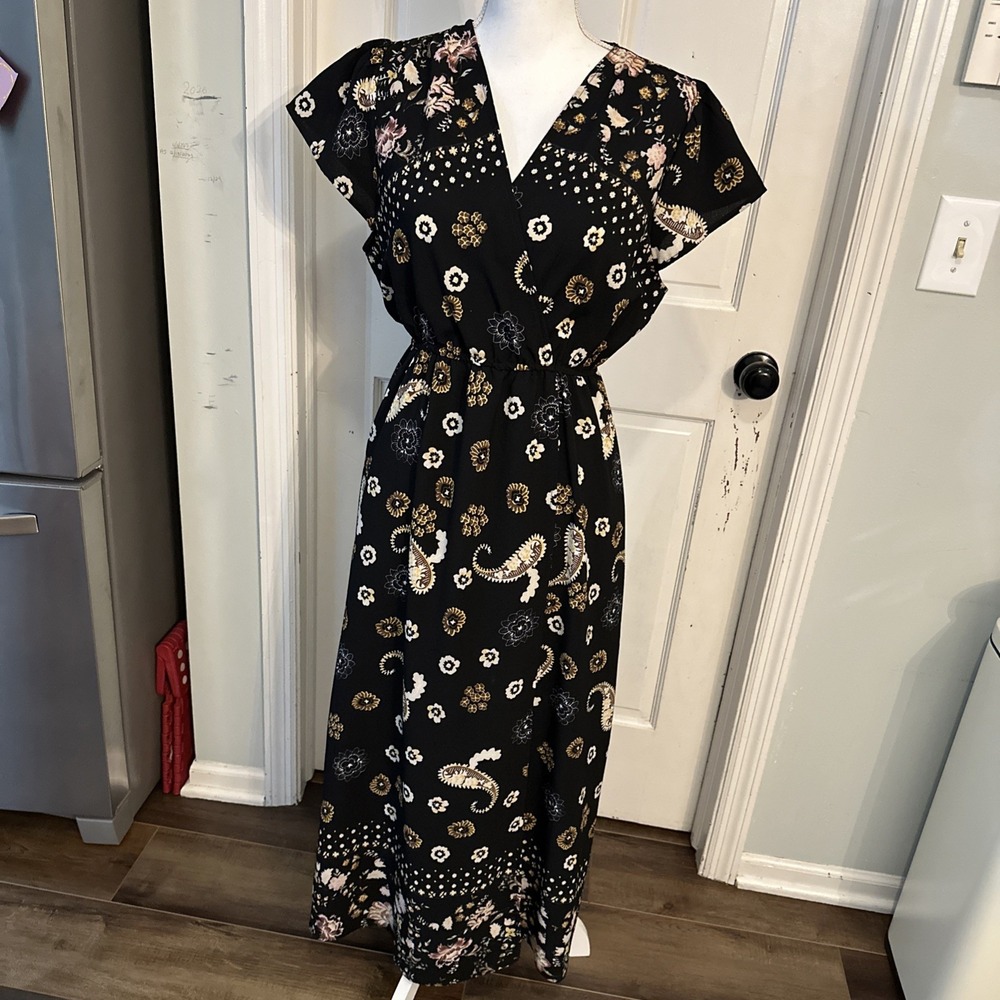 Kindred Faux Wrap V-Neck Border Print Black Floral Paisley Long Length Dress M